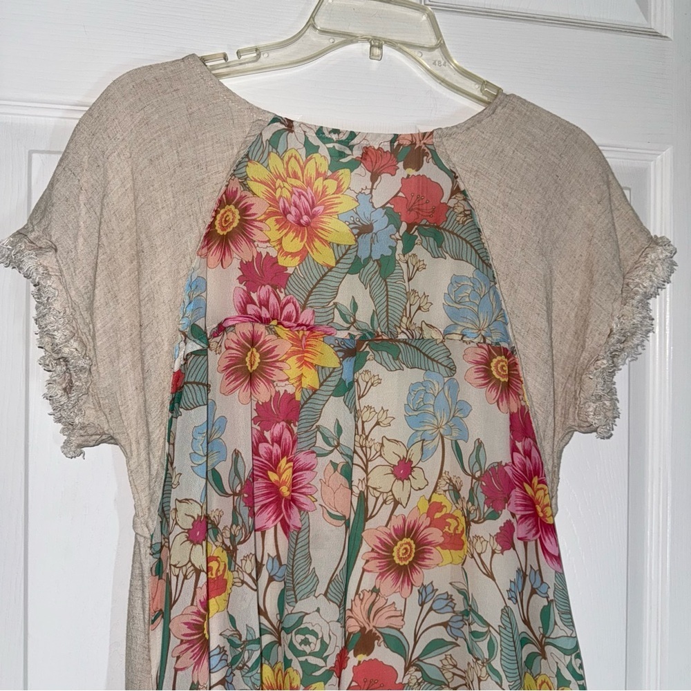 Umgee Beige Mini Linen Dress with High Low Ruffle Fringe and Floral Print - Picture 10 of 16